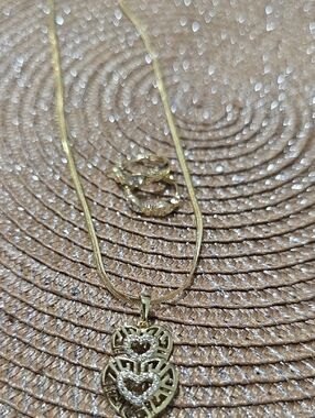 Gold Heart Pendant Necklace and Hoop Earrings Set